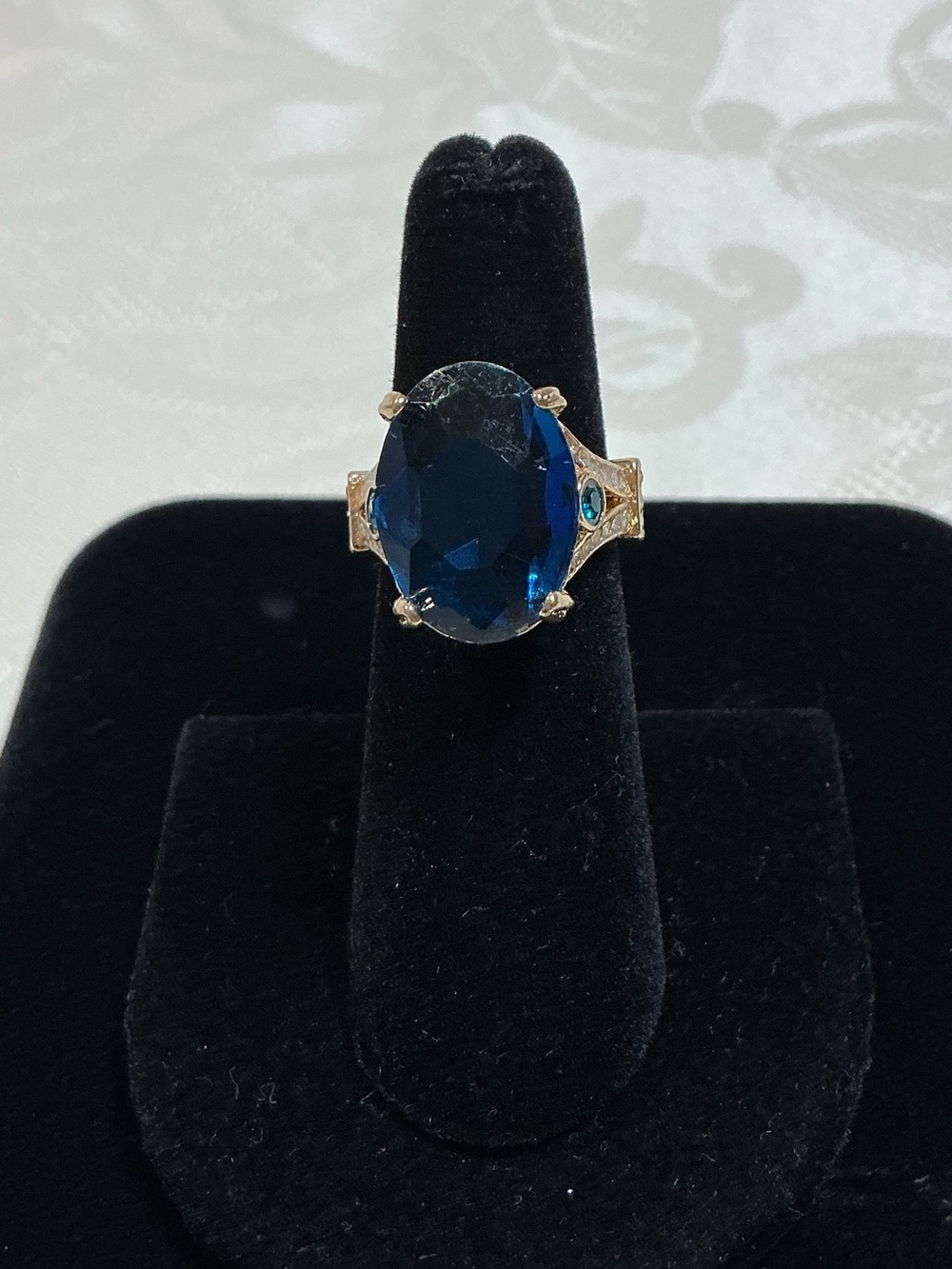 Sapphire Lab Created Oval Filigree Gold Tone Cocktail Ring